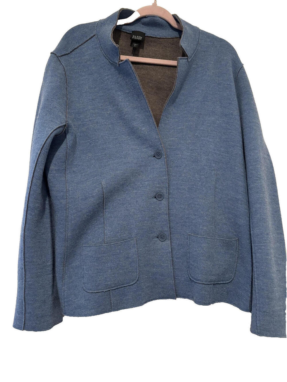 Eileen Fisher Merlino Wool blue XL sweater jacket pockets collar B‎